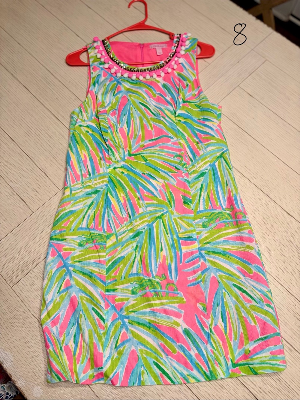 Lilly Pulitzer Pink Multi Palm-Print Beaded Neck Shift Dress